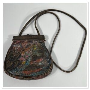 VTG JANE YOO Wearable Art LEATHER CROSSBODY HANDBAG Hand Painted BIRDS